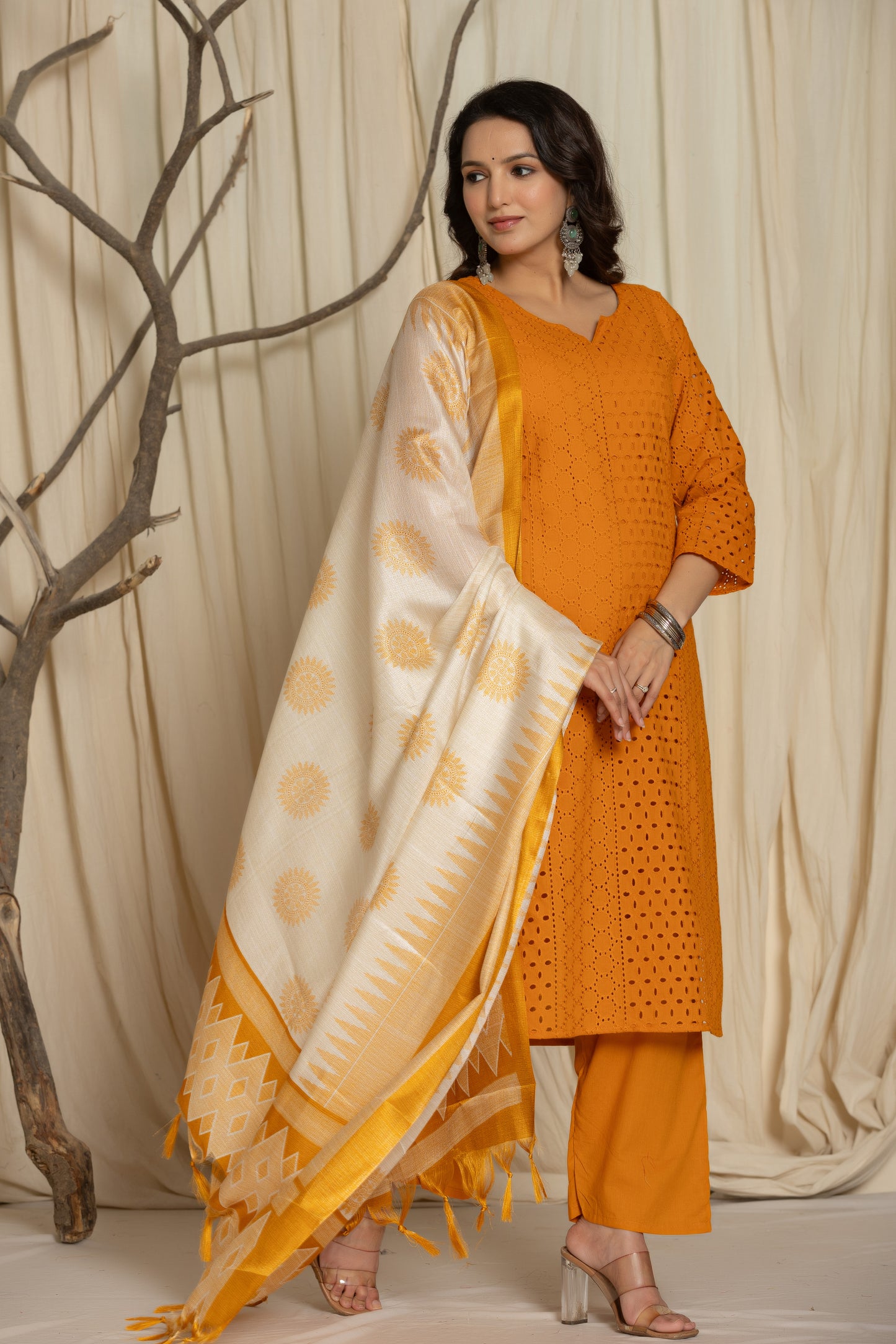 Mustard Color Chikankari Suit with Matching Pants and Printed Dupatta