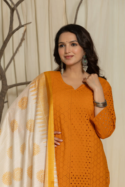 Mustard Color Chikankari Suit with Matching Pants and Printed Dupatta