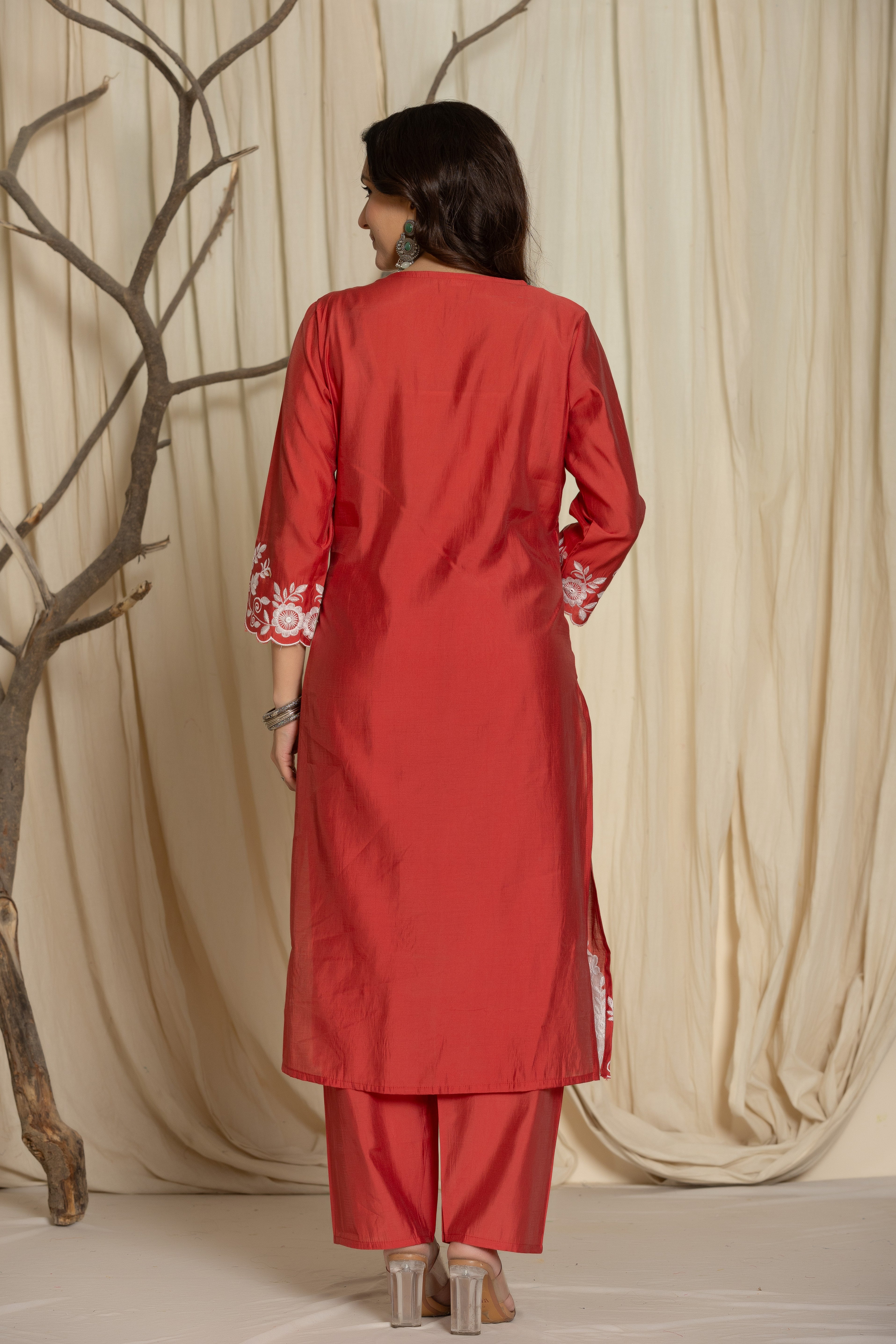 Red Pure Roman Silk Suit Set With Beautiful Mirror And Thread Embroidery Work on Kurti And Dupatta