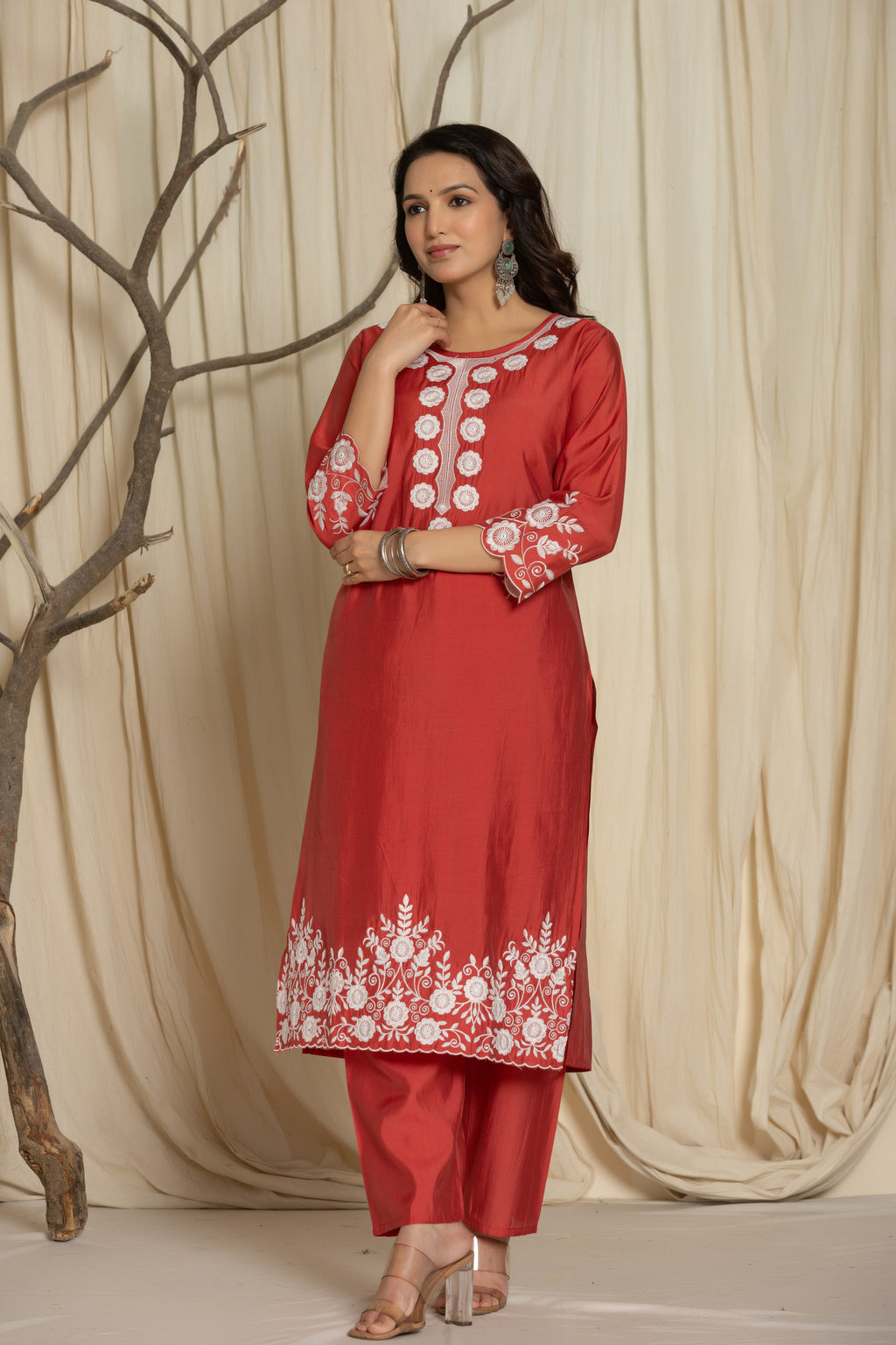 Red Pure Roman Silk Suit Set With Beautiful Mirror And Thread Embroidery Work on Kurti And Dupatta