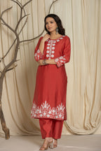 Red Pure Roman Silk Suit Set With Beautiful Mirror And Thread Embroidery Work on Kurti And Dupatta