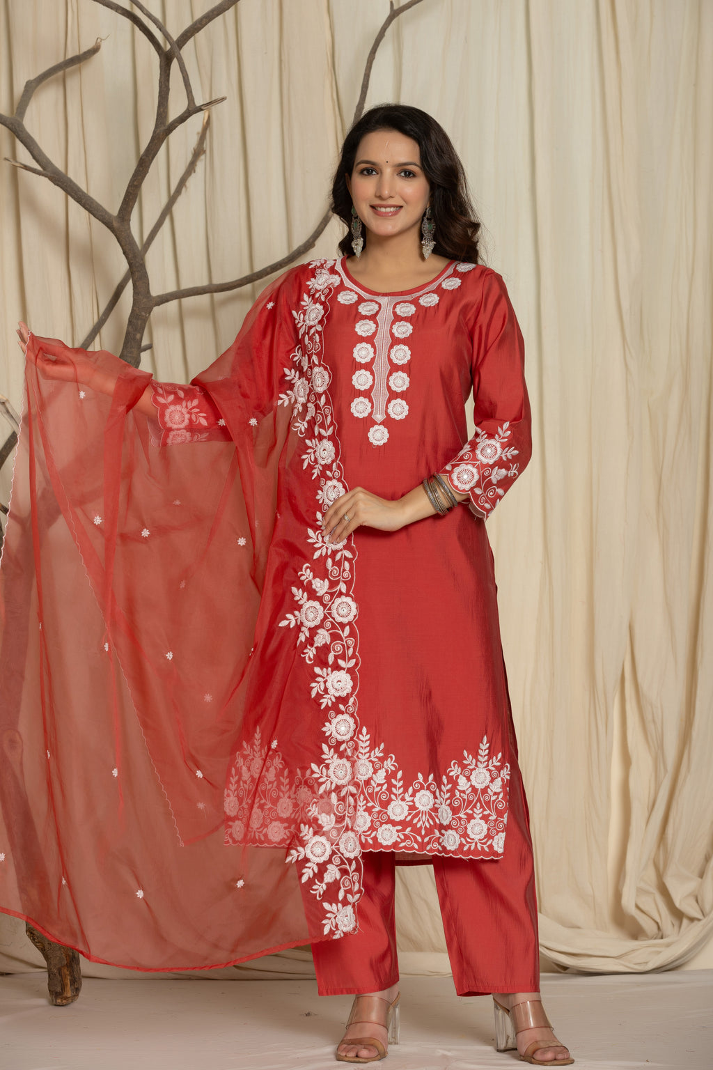 Red Pure Roman Silk Suit Set With Beautiful Mirror And Thread Embroidery Work on Kurti And Dupatta