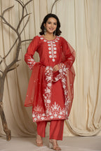 Red Pure Roman Silk Suit Set With Beautiful Mirror And Thread Embroidery Work on Kurti And Dupatta