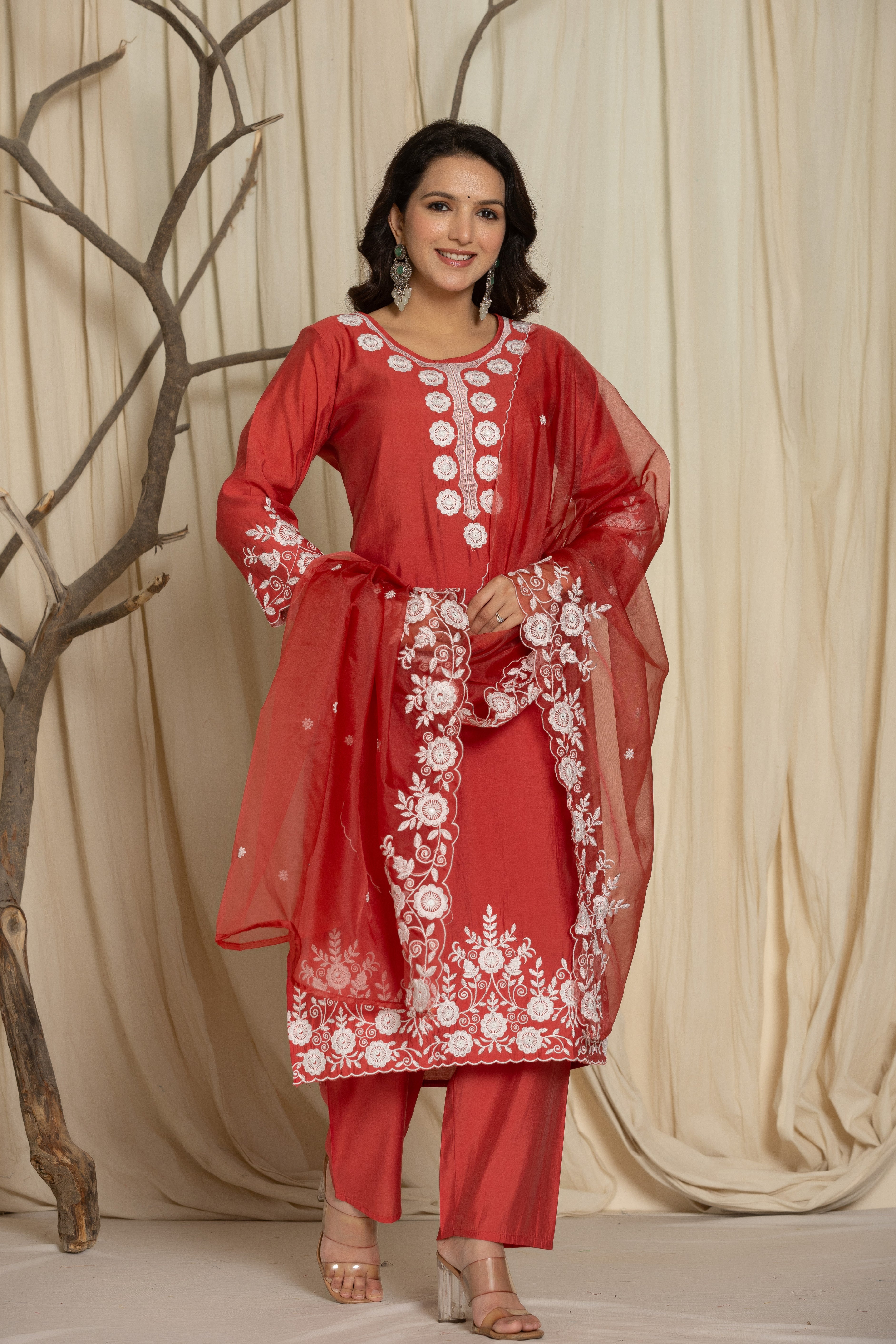 Red Pure Roman Silk Suit Set With Beautiful Mirror And Thread Embroidery Work on Kurti And Dupatta