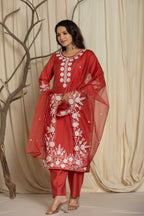 Red Pure Roman Silk Suit Set With Beautiful Mirror And Thread Embroidery Work on Kurti And Dupatta