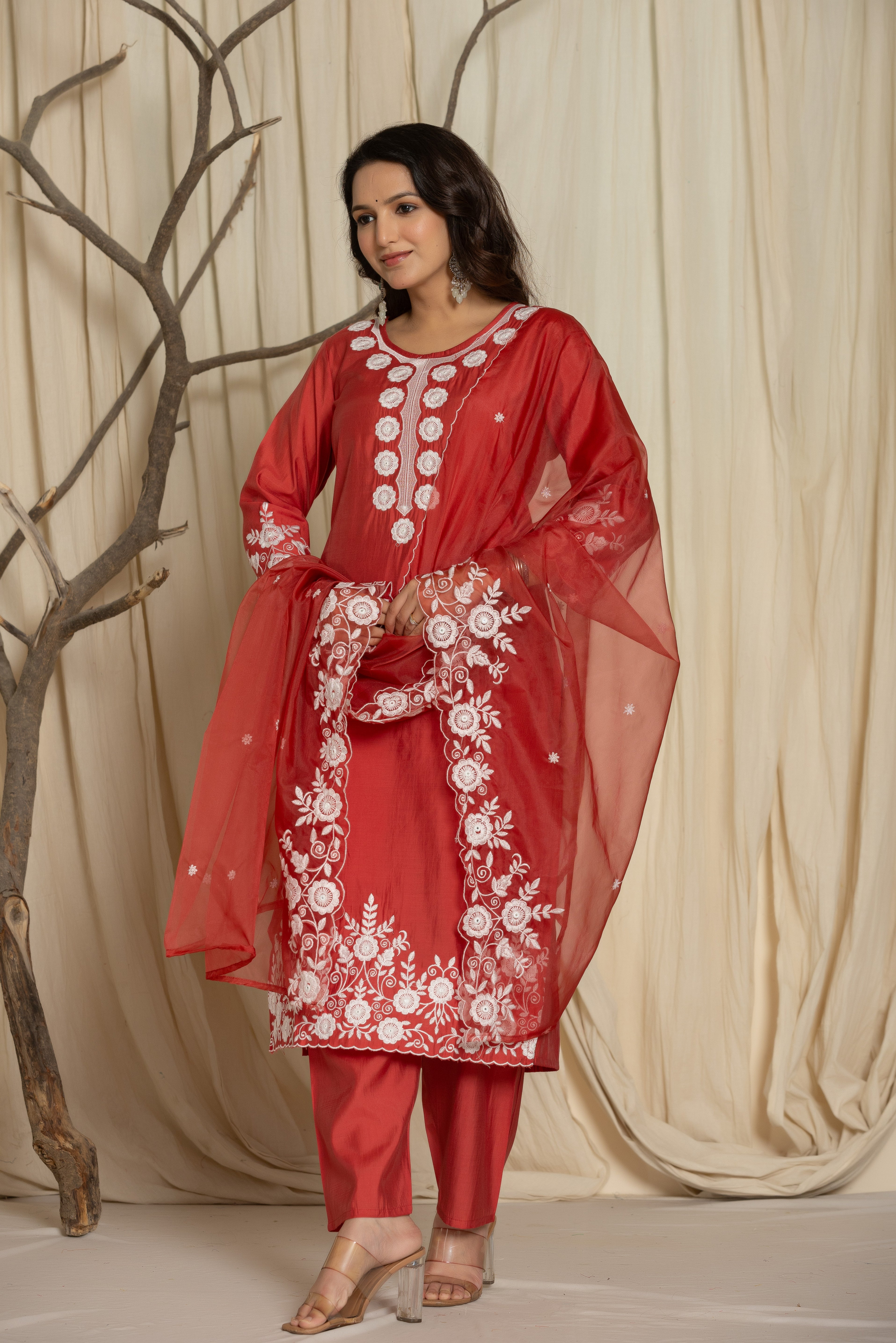 Red Pure Roman Silk Suit Set With Beautiful Mirror And Thread Embroidery Work on Kurti And Dupatta