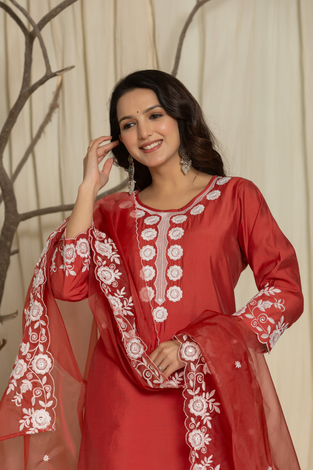 Red Pure Roman Silk Suit Set With Beautiful Mirror And Thread Embroidery Work on Kurti And Dupatta