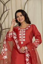 Red Pure Roman Silk Suit Set With Beautiful Mirror And Thread Embroidery Work on Kurti And Dupatta