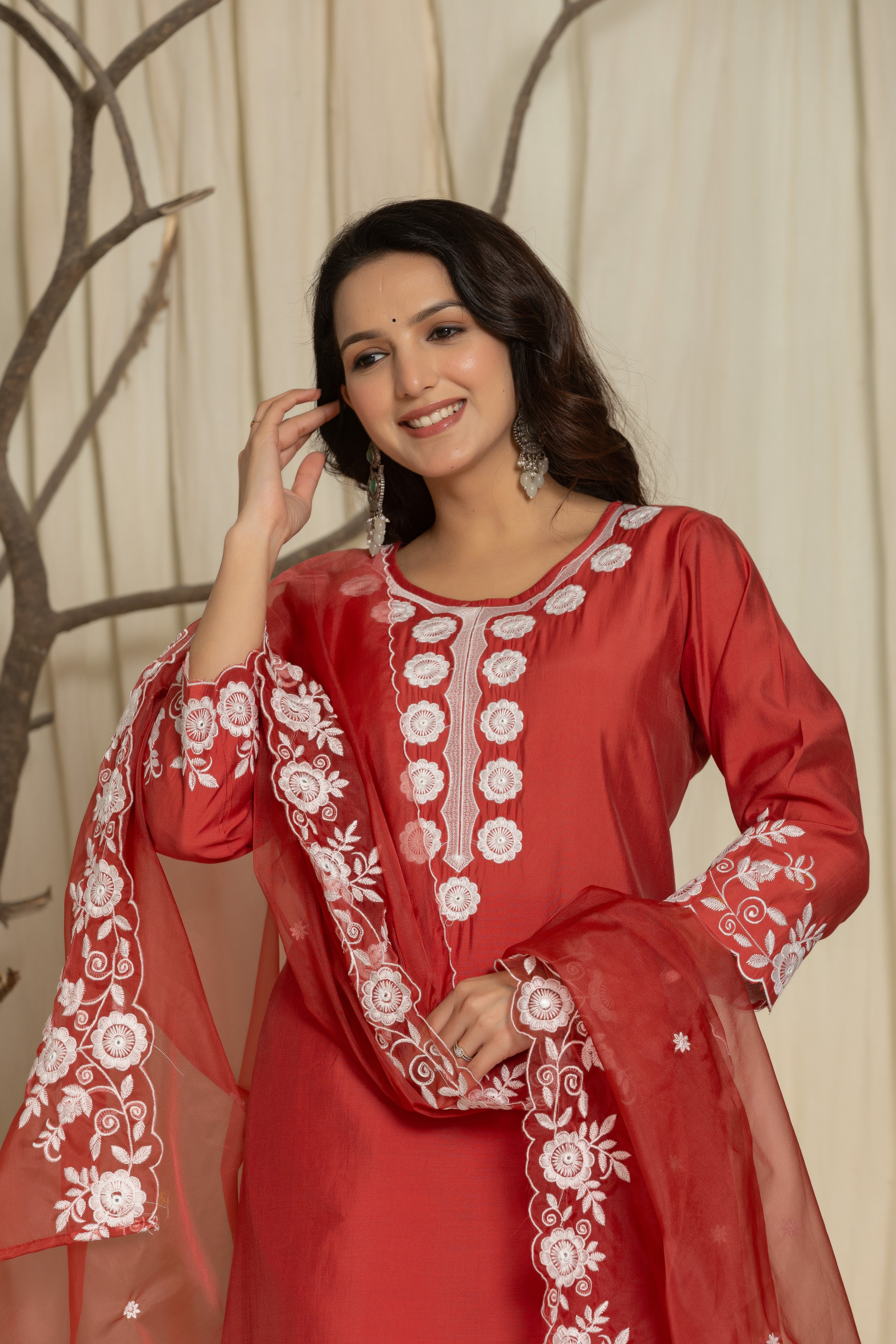 Red Pure Roman Silk Suit Set With Beautiful Mirror And Thread Embroidery Work on Kurti And Dupatta