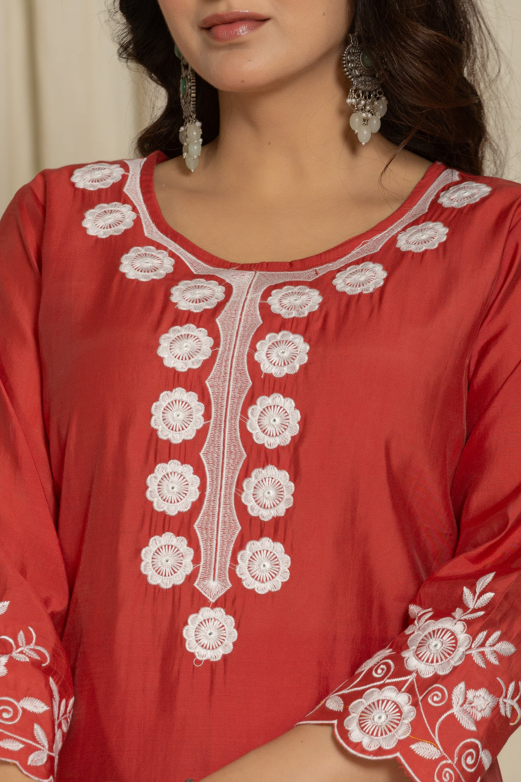 Red Pure Roman Silk Suit Set With Beautiful Mirror And Thread Embroidery Work on Kurti And Dupatta