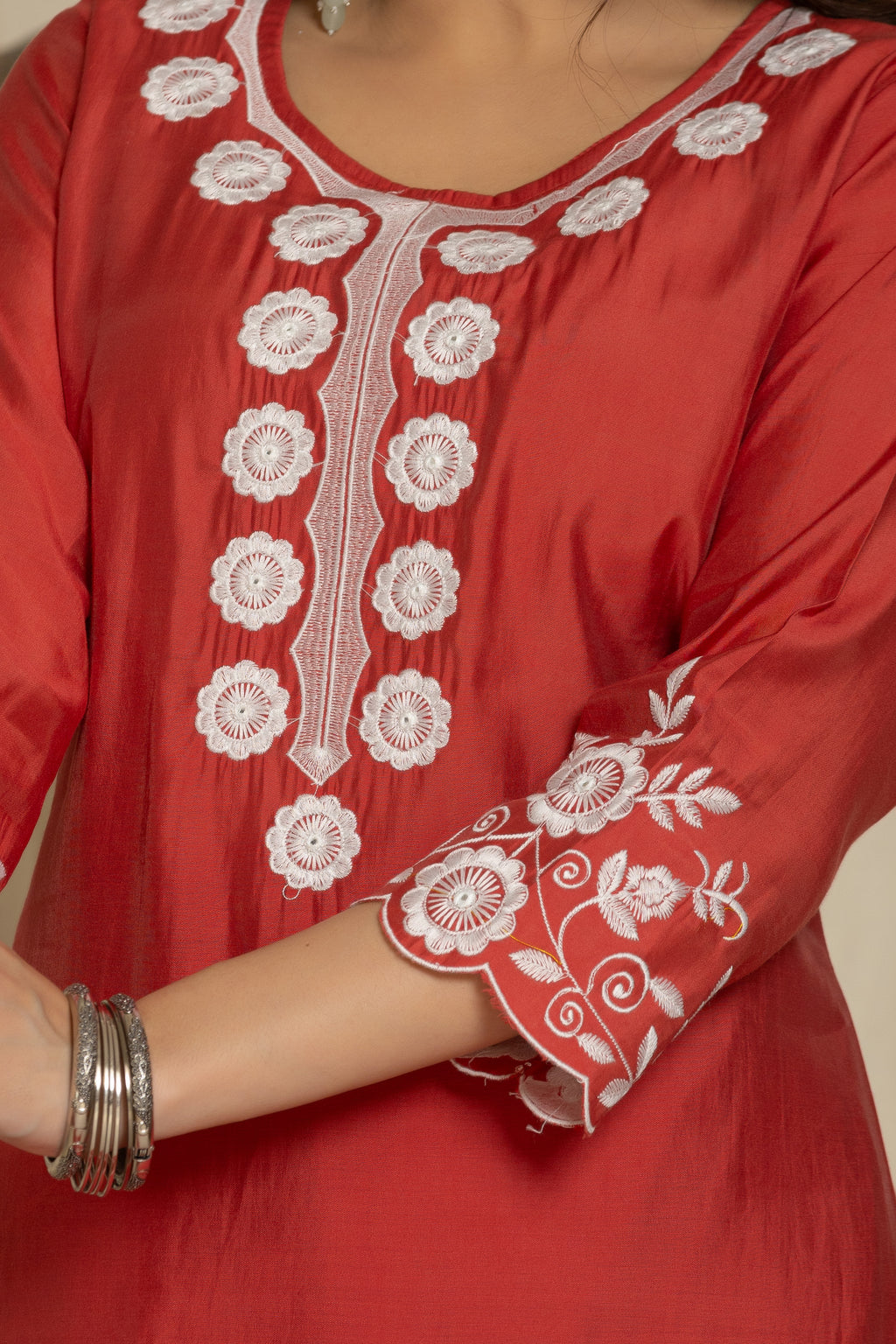 Red Pure Roman Silk Suit Set With Beautiful Mirror And Thread Embroidery Work on Kurti And Dupatta