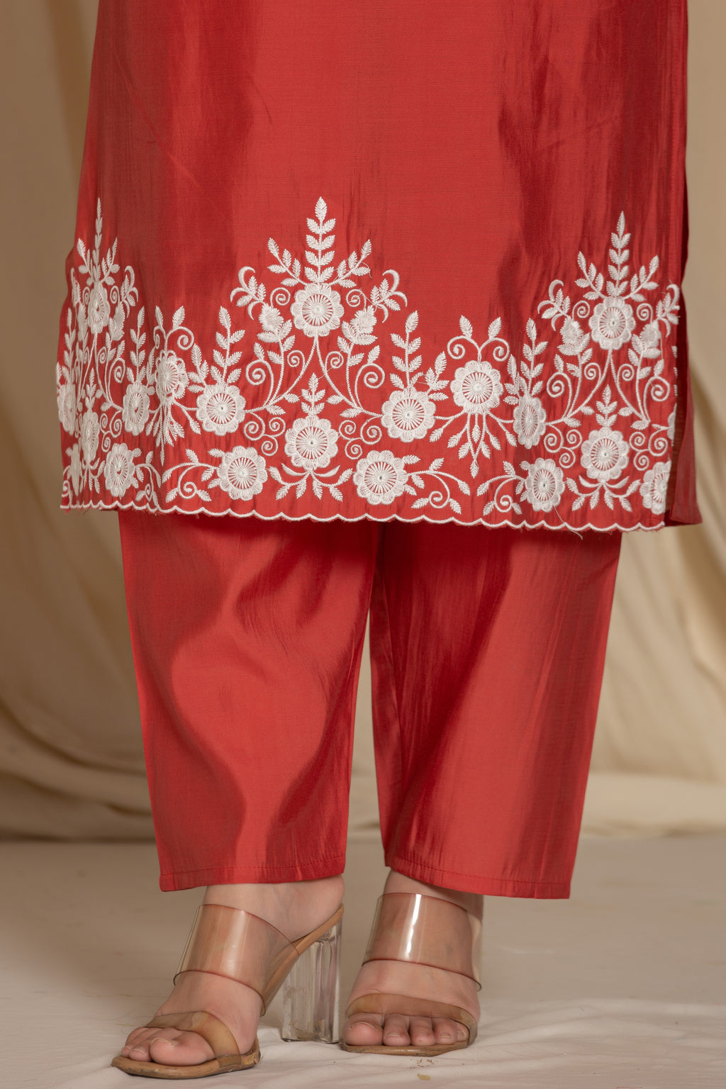 Red Pure Roman Silk Suit Set With Beautiful Mirror And Thread Embroidery Work on Kurti And Dupatta