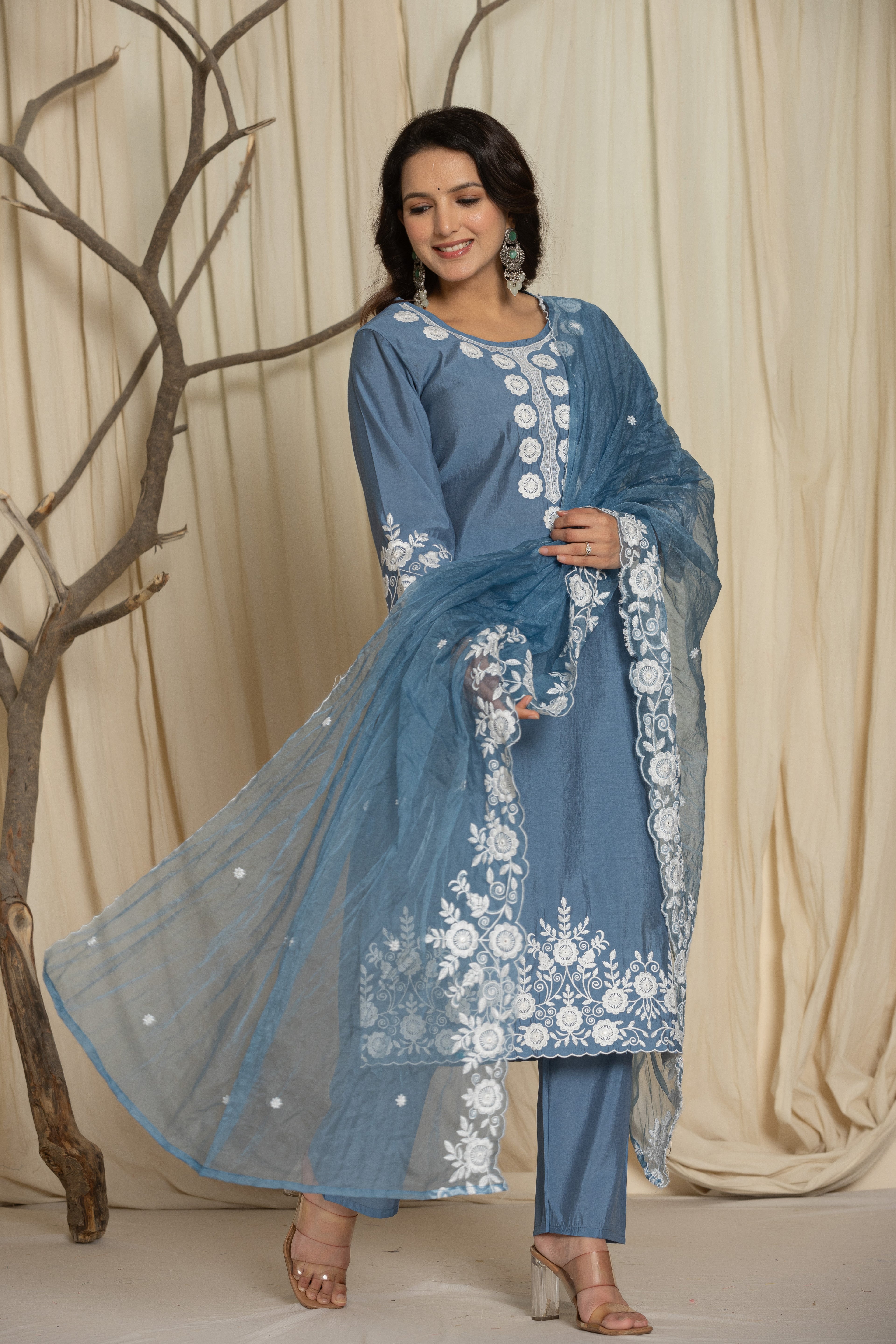 Grey Pure Roman Silk Suit Set With Beautiful Mirror And Thread Embroidery