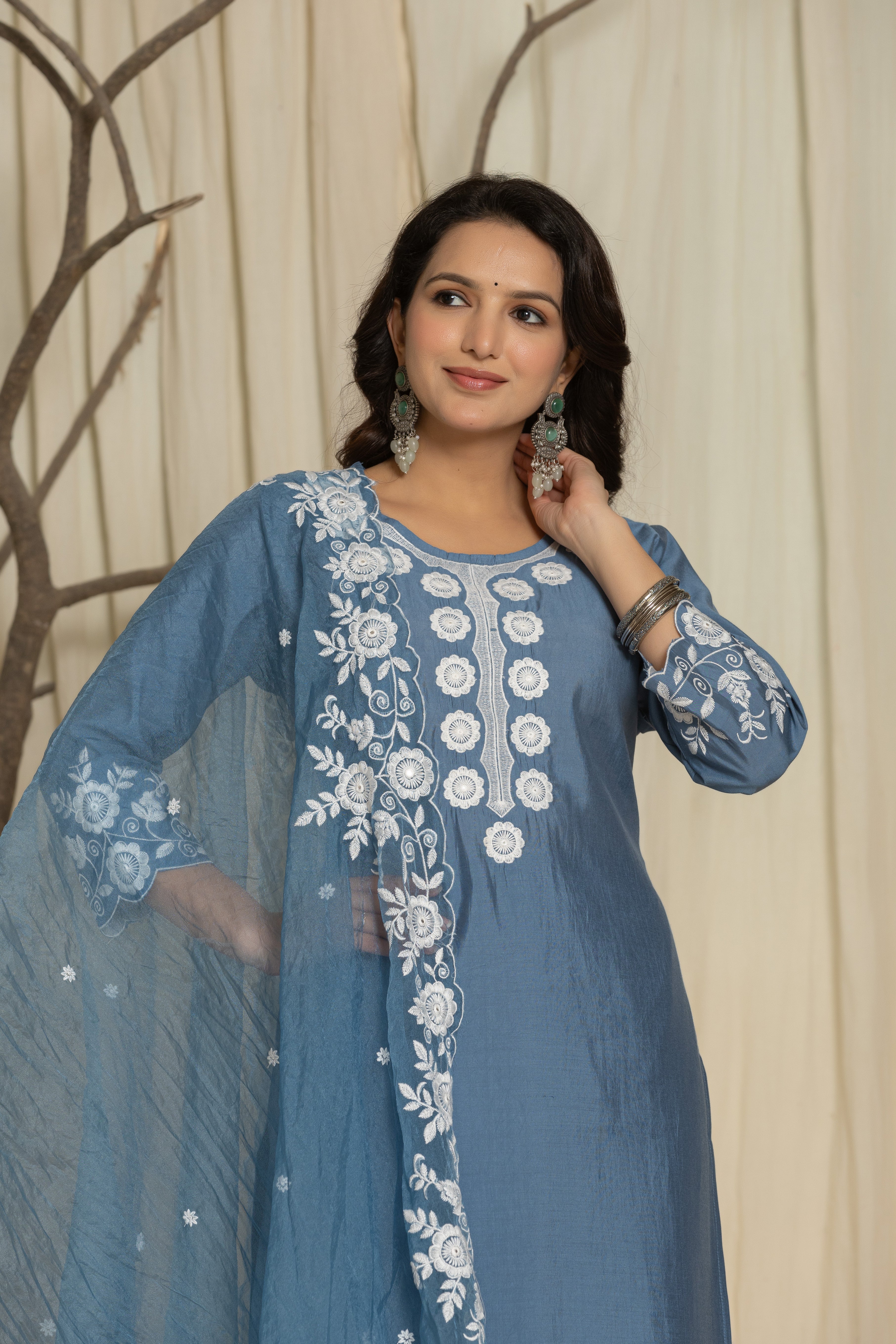 Grey Pure Roman Silk Suit Set With Beautiful Mirror And Thread Embroidery