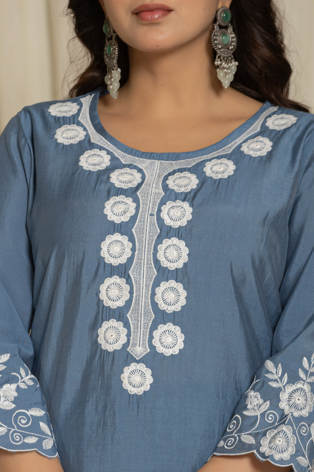 Grey Pure Roman Silk Suit Set With Beautiful Mirror And Thread Embroidery