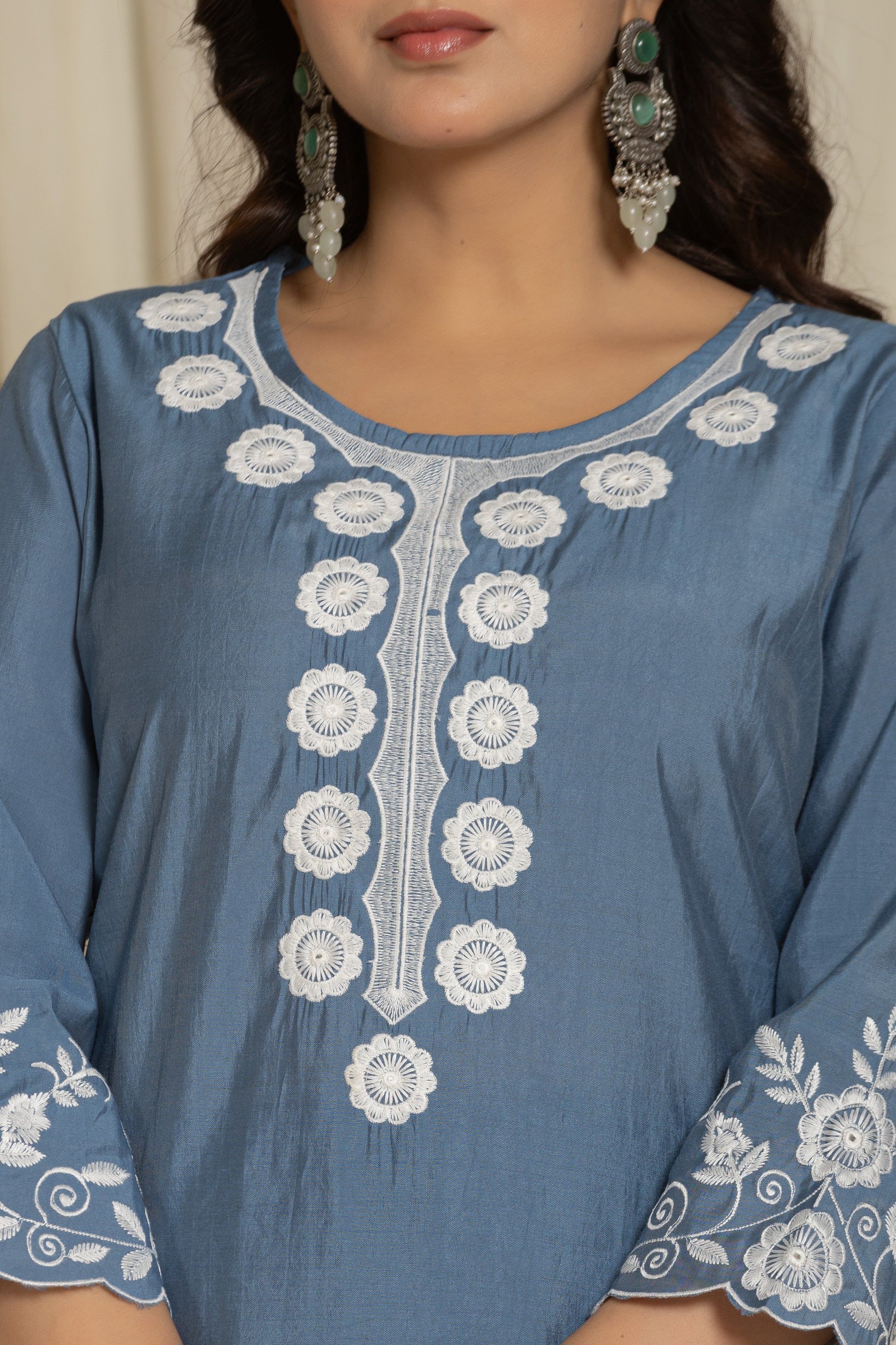 Grey Pure Roman Silk Suit Set With Beautiful Mirror And Thread Embroidery