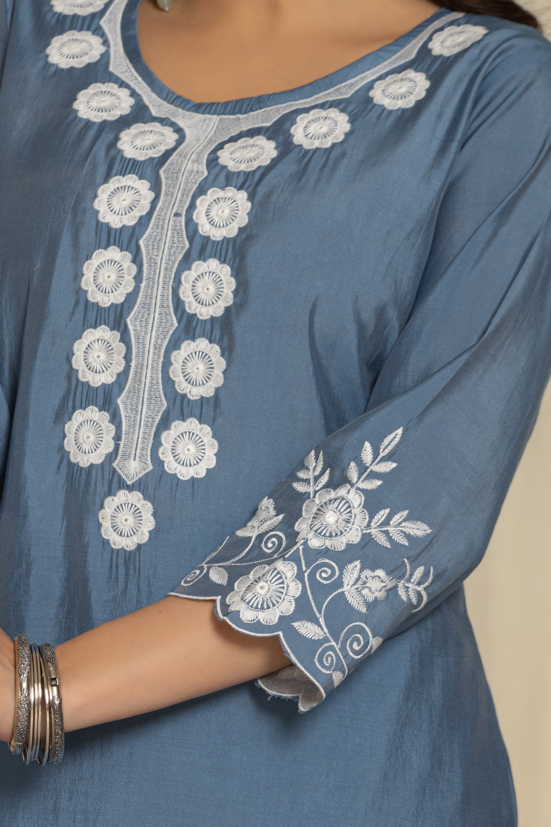 Grey Pure Roman Silk Suit Set With Beautiful Mirror And Thread Embroidery