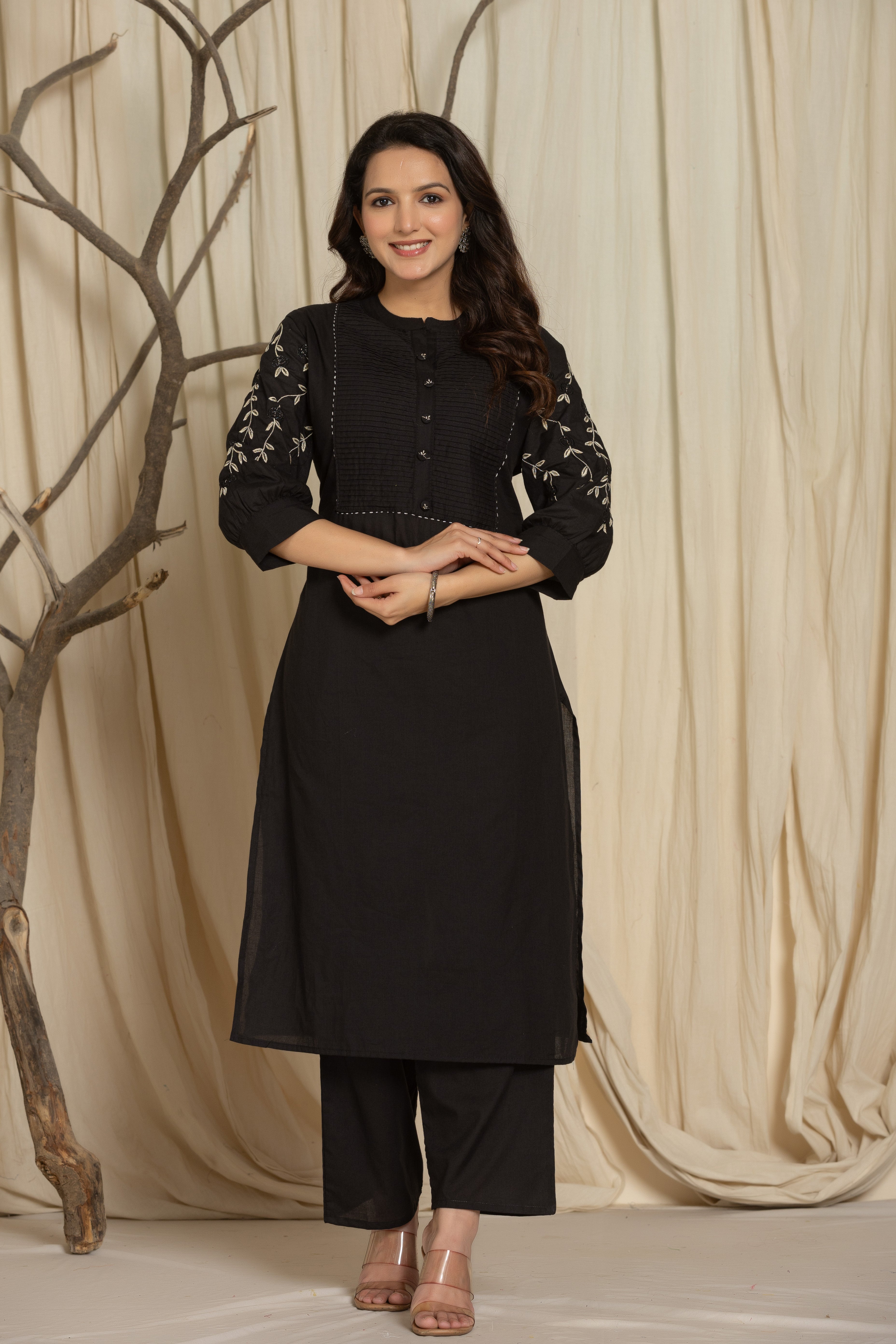 Black Cotton kurti Set with Embroidery & Pintex Detailing