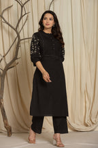 Black Cotton kurti Set with Embroidery & Pintex Detailing