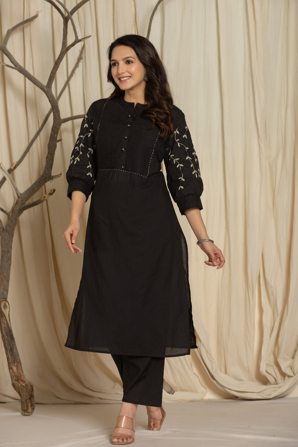 Black Cotton kurti Set with Embroidery & Pintex Detailing