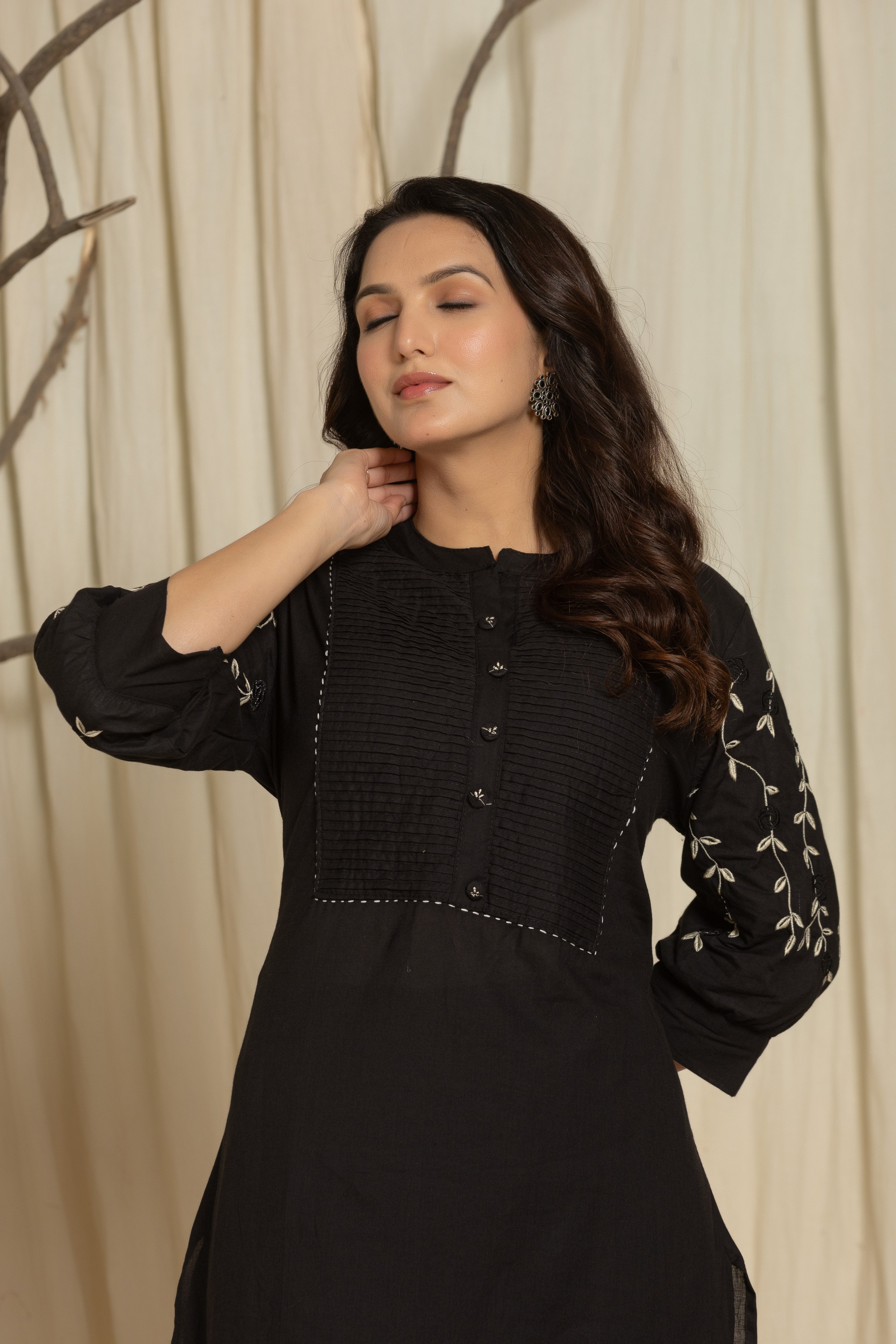 Black Cotton kurti Set with Embroidery & Pintex Detailing
