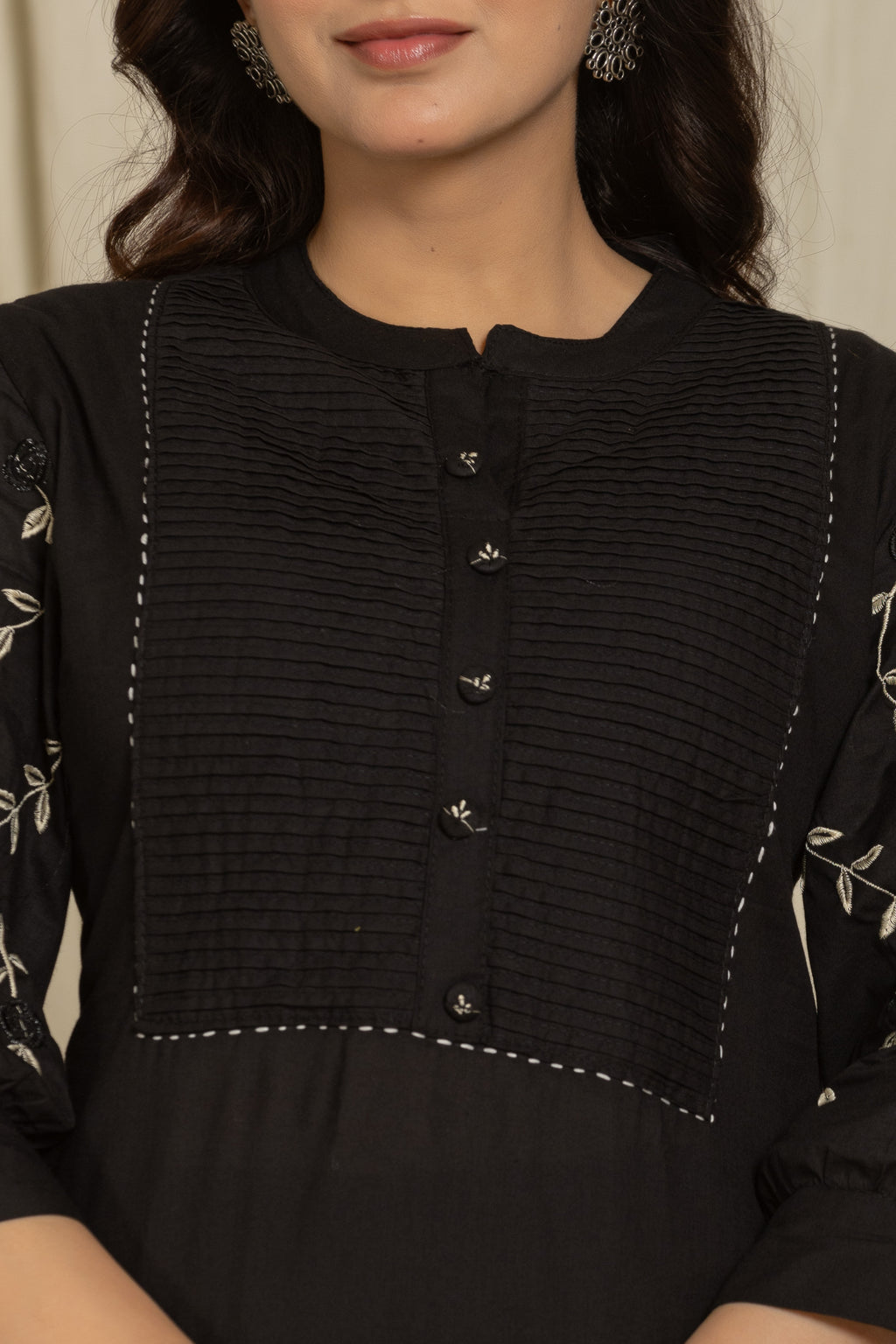 Black Cotton kurti Set with Embroidery & Pintex Detailing
