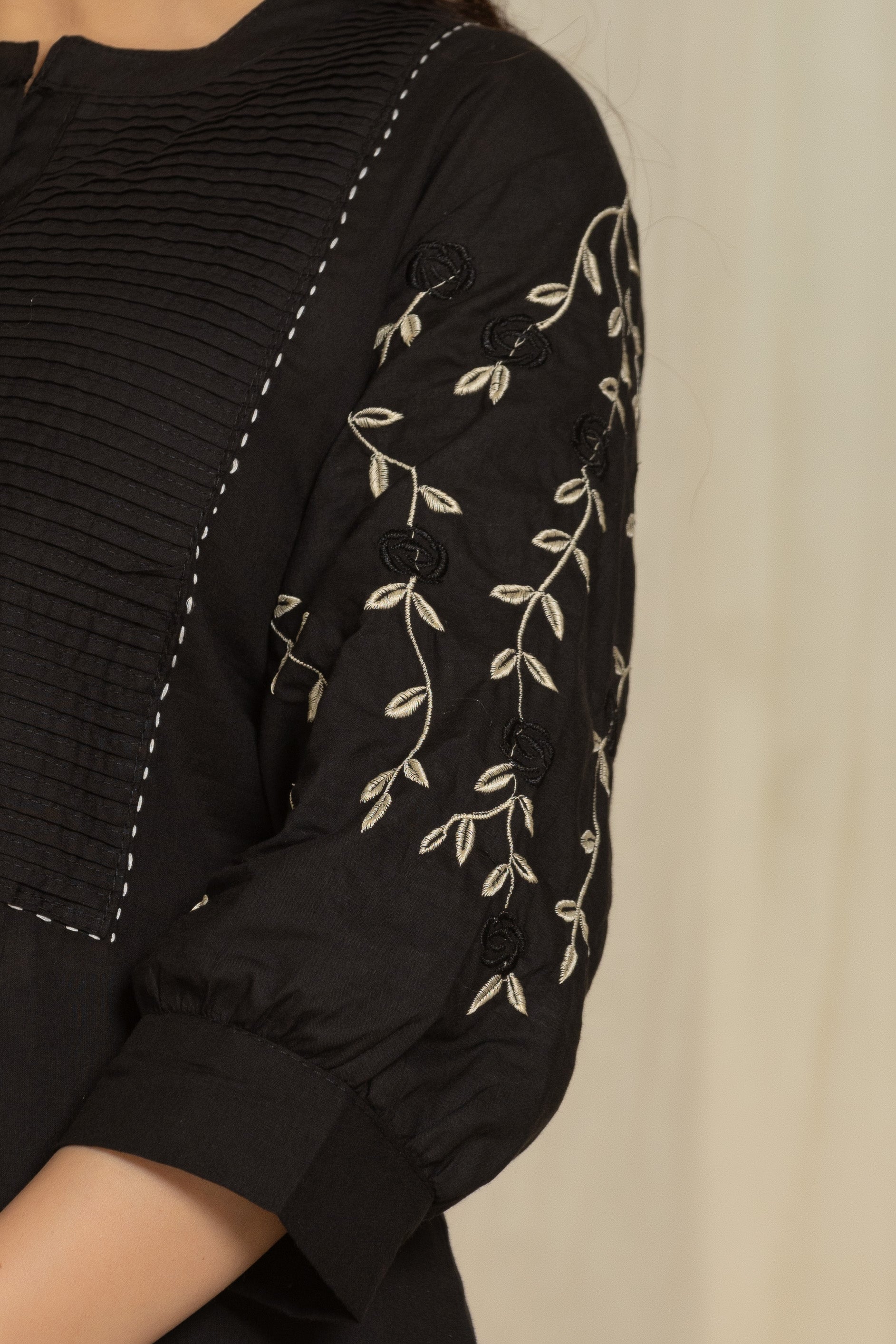 Black Cotton kurti Set with Embroidery & Pintex Detailing