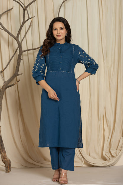 Dark Blue Cotton kurti Set with Embroidery & Pintex Detailing