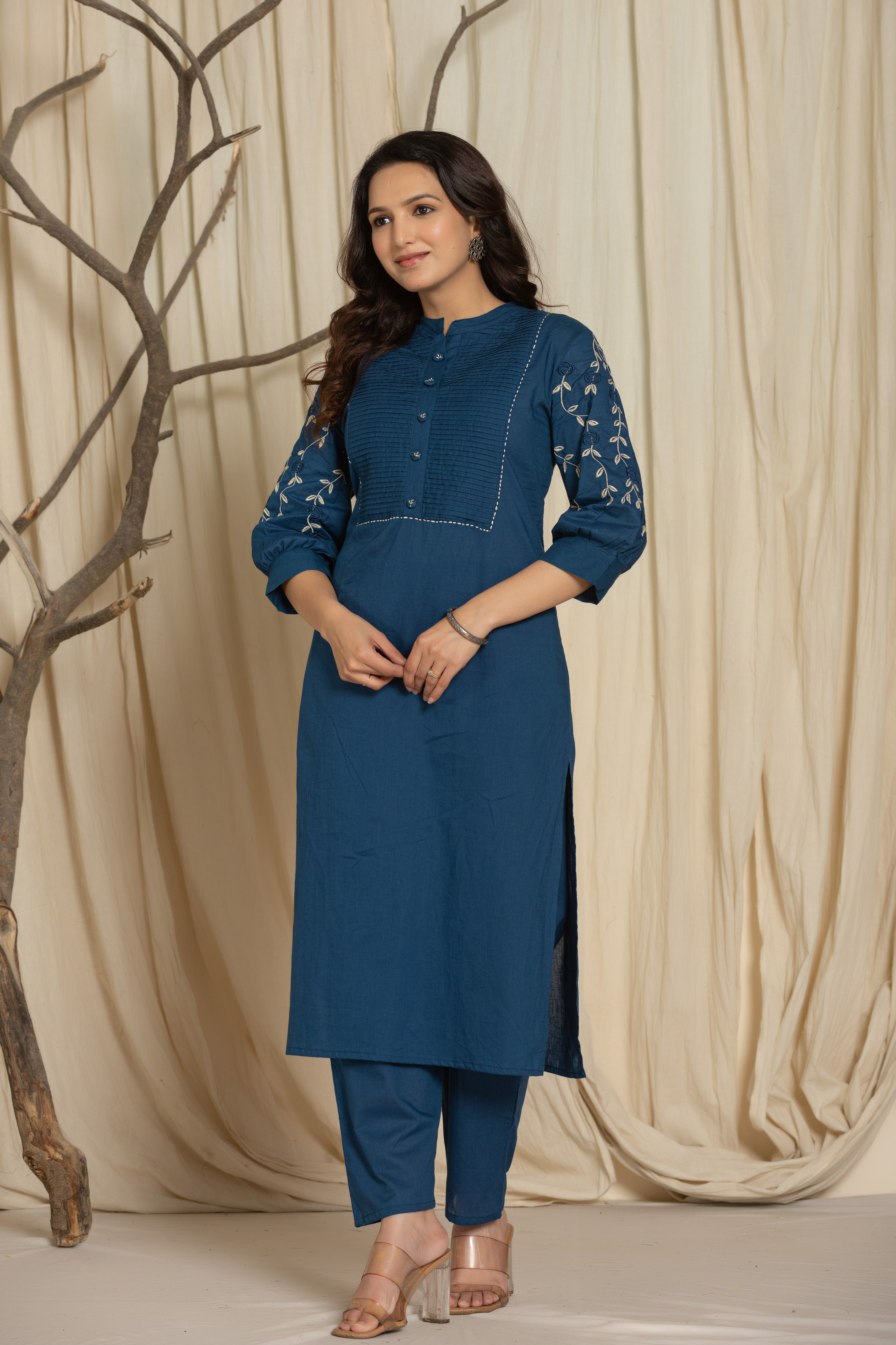 Dark Blue Cotton kurti Set with Embroidery & Pintex Detailing