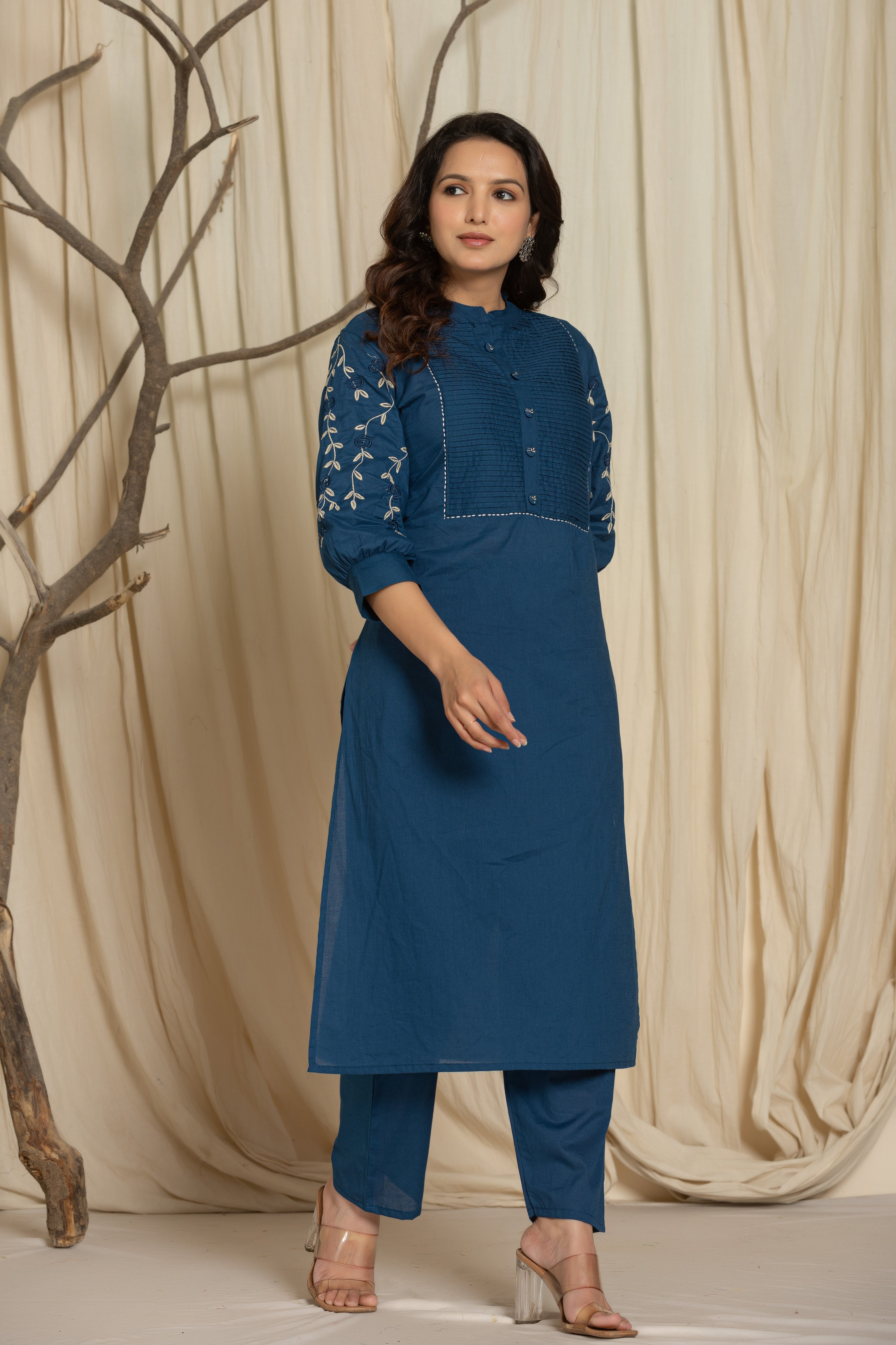 Dark Blue Cotton kurti Set with Embroidery & Pintex Detailing