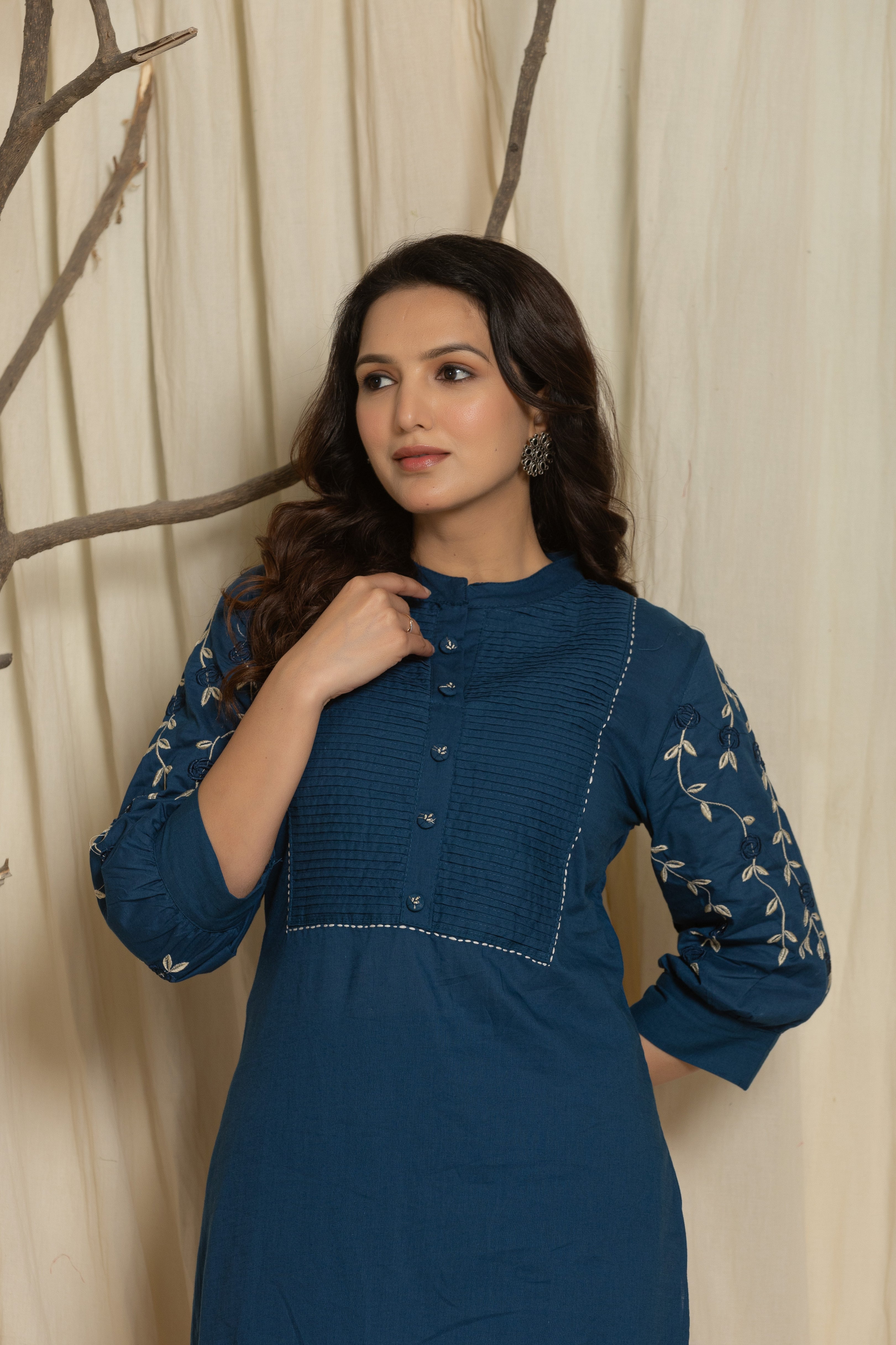 Dark Blue Cotton kurti Set with Embroidery & Pintex Detailing