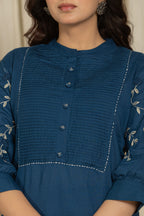 Dark Blue Cotton kurti Set with Embroidery & Pintex Detailing