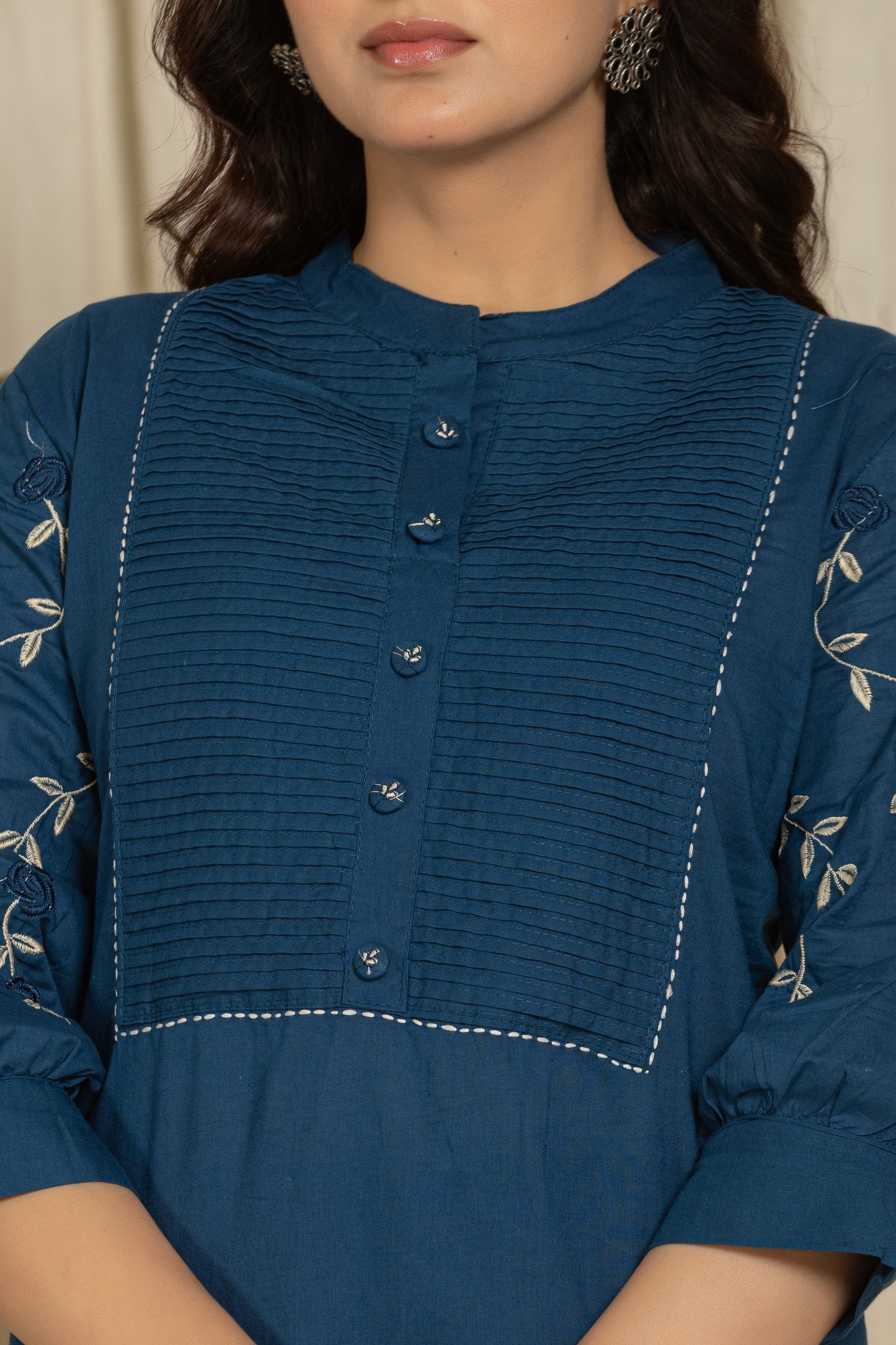 Dark Blue Cotton kurti Set with Embroidery & Pintex Detailing