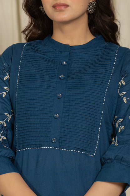 Dark Blue Cotton kurti Set with Embroidery & Pintex Detailing