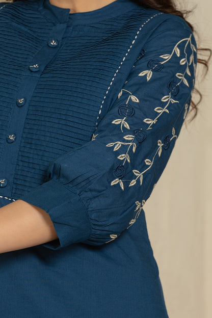 Dark Blue Cotton kurti Set with Embroidery & Pintex Detailing