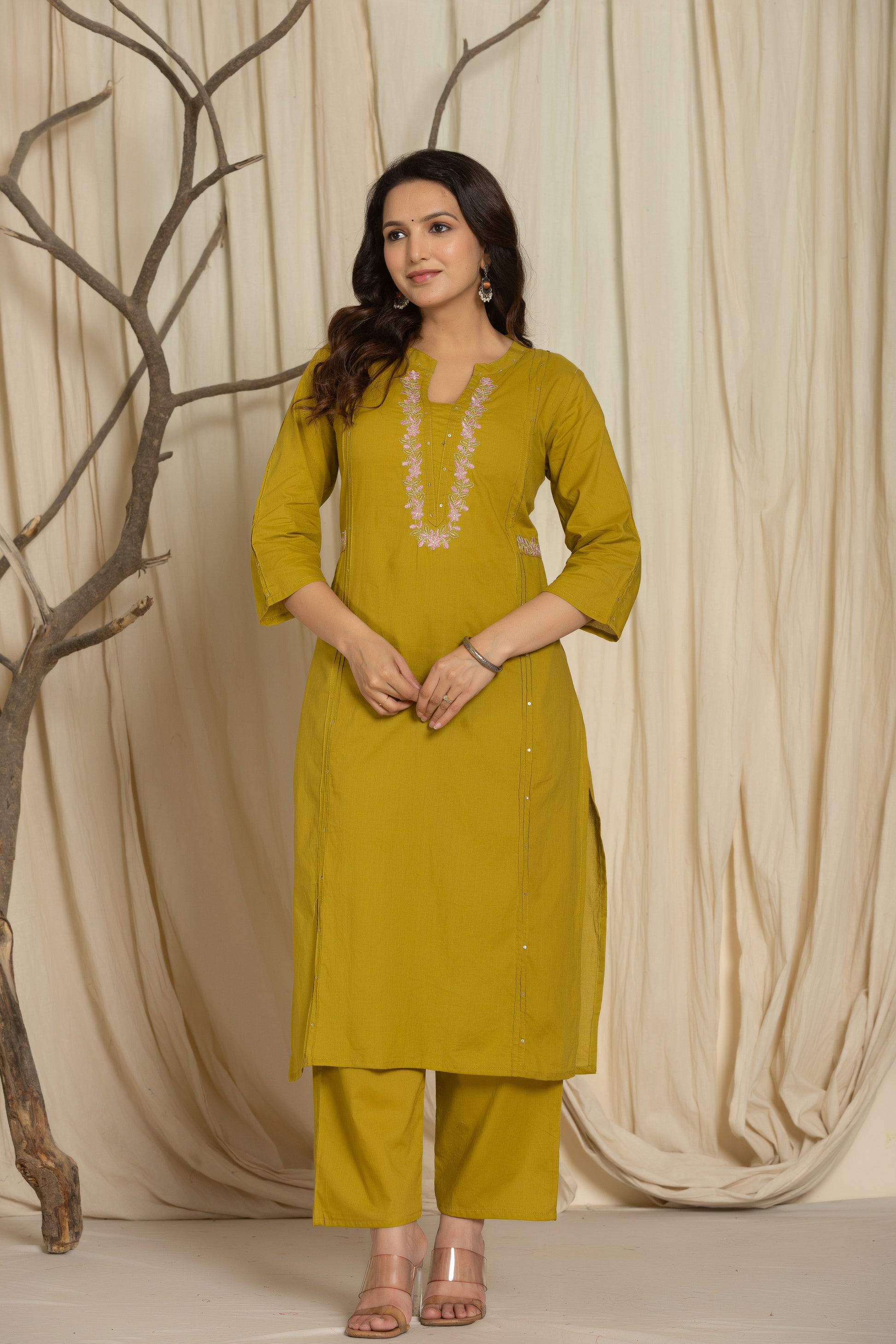 Front image of Olive Color Kurta Set With Silver And Pink Floral Embroidery At Neck Line From Samhitas Apparel