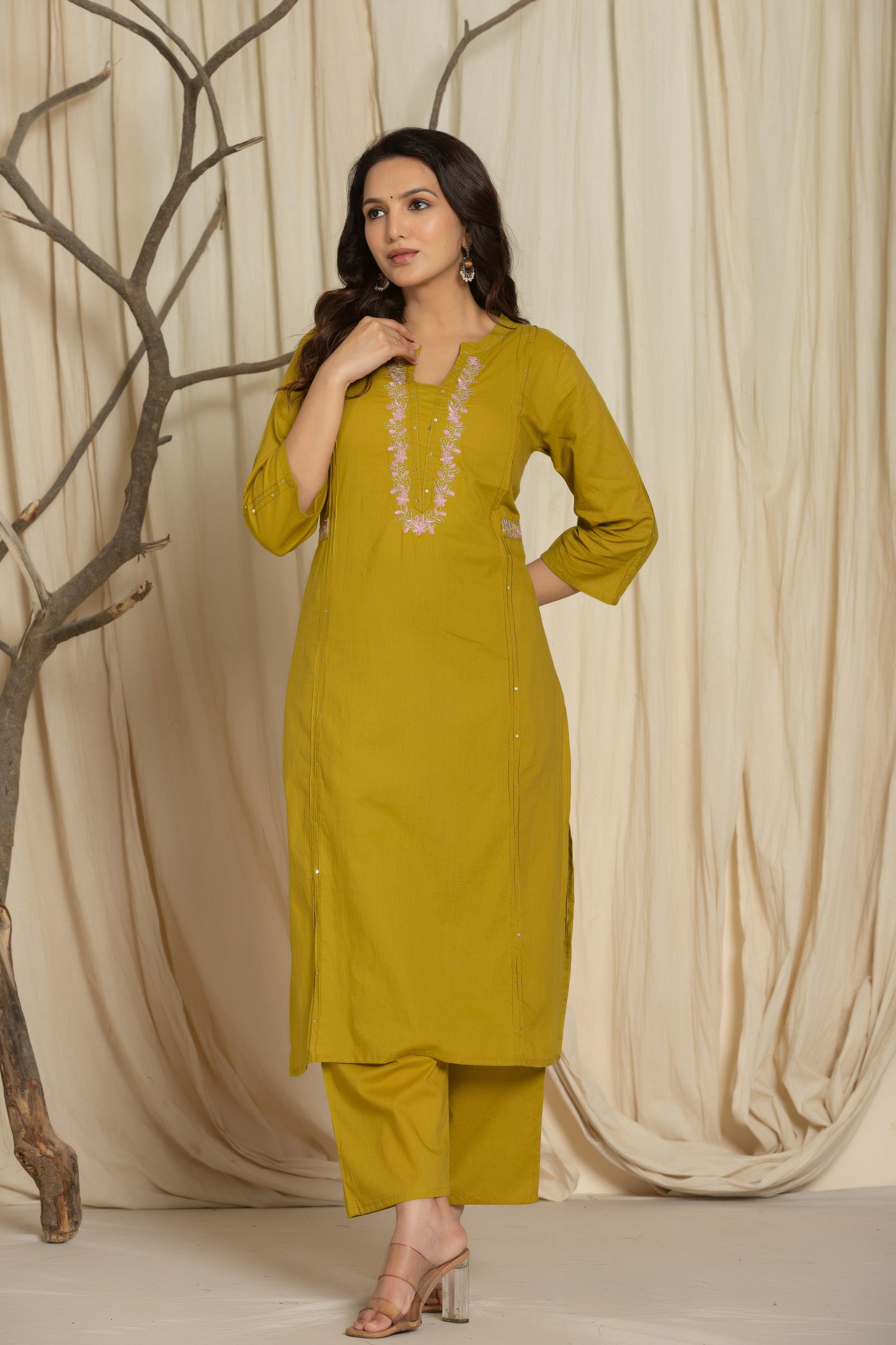 Front image of Olive Color Kurta Set With Silver And Pink Floral Embroidery At Neck Line From Samhitas Apparel