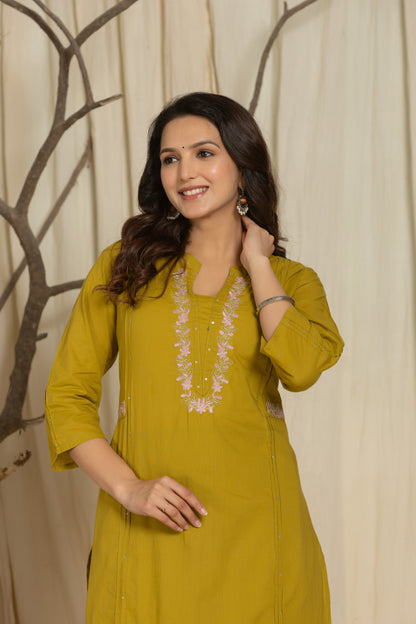 Closeup image of Olive Color Kurta Set With Silver And Pink Floral Embroidery At Neck Line From Samhitas Apparel