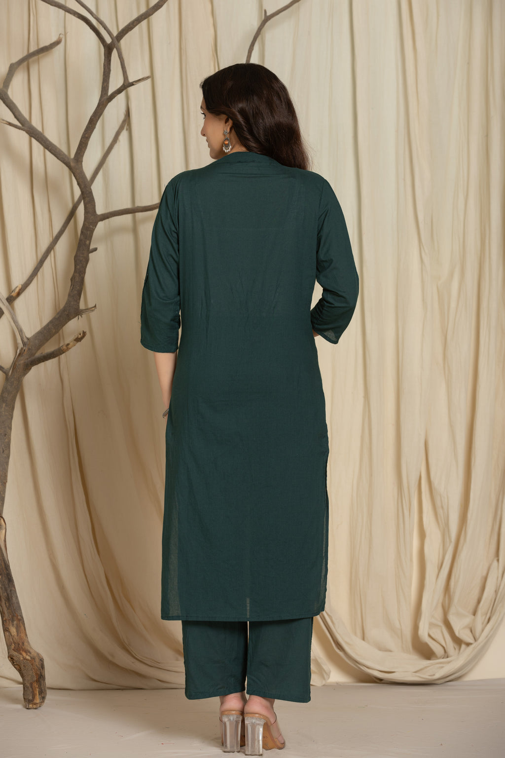 Back side image of Dark Green Suit Set With Silver And Pink Floral Embroidery At Neck Line from Samhitas Apparel