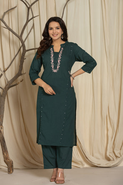 Front side image of Dark Green Color Suit Set With Silver And Pink Floral Embroidery At Neck Line from Samhitas Apparel