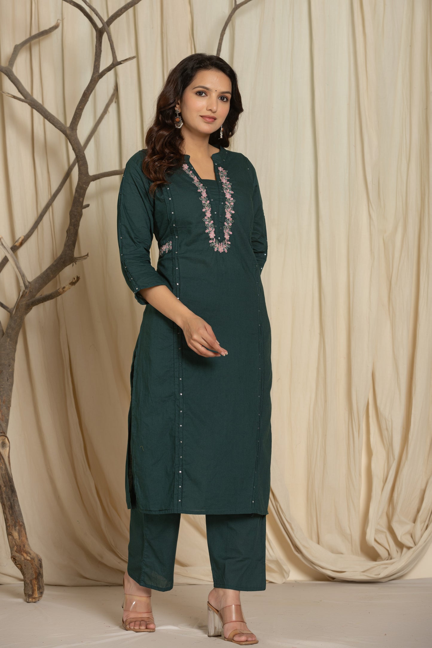 Front side image of Dark Green Color Suit Set With Silver And Pink Floral Embroidery from Samhitas Apparel