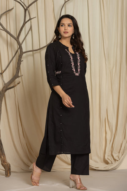 Black Color Kurta Set With Silver And Pink Floral Embroidery At Neck Line