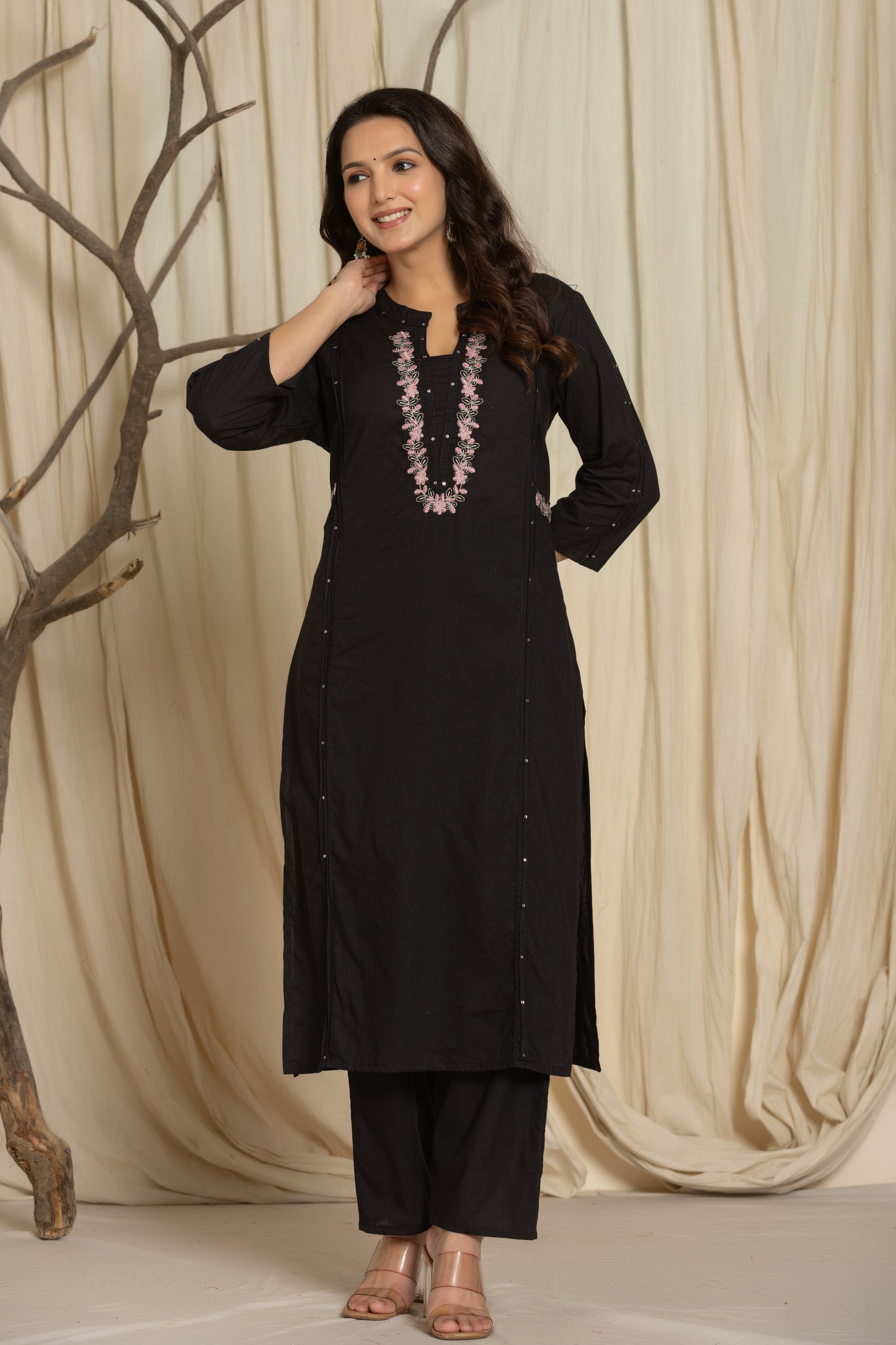 Black Color Kurta Set With Silver And Pink Floral Embroidery At Neck Line