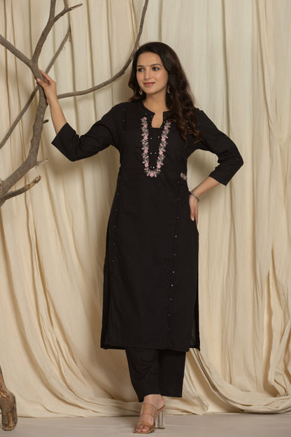 Black Color Kurta Set With Silver And Pink Floral Embroidery At Neck Line