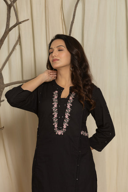 Black Color Kurta Set With Silver And Pink Floral Embroidery At Neck Line