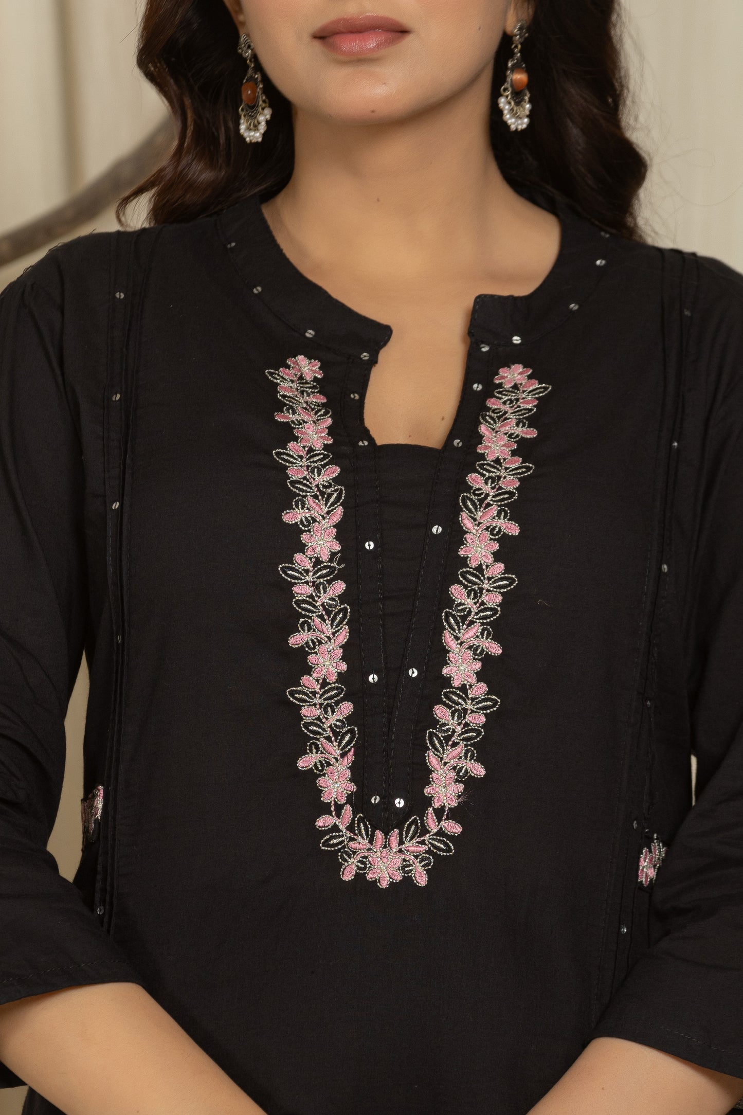 Black Color Kurta Set With Silver And Pink Floral Embroidery At Neck Line