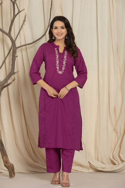 Purple Color Kurta Set With Silver And Pink Floral Embroidery At Neck Line