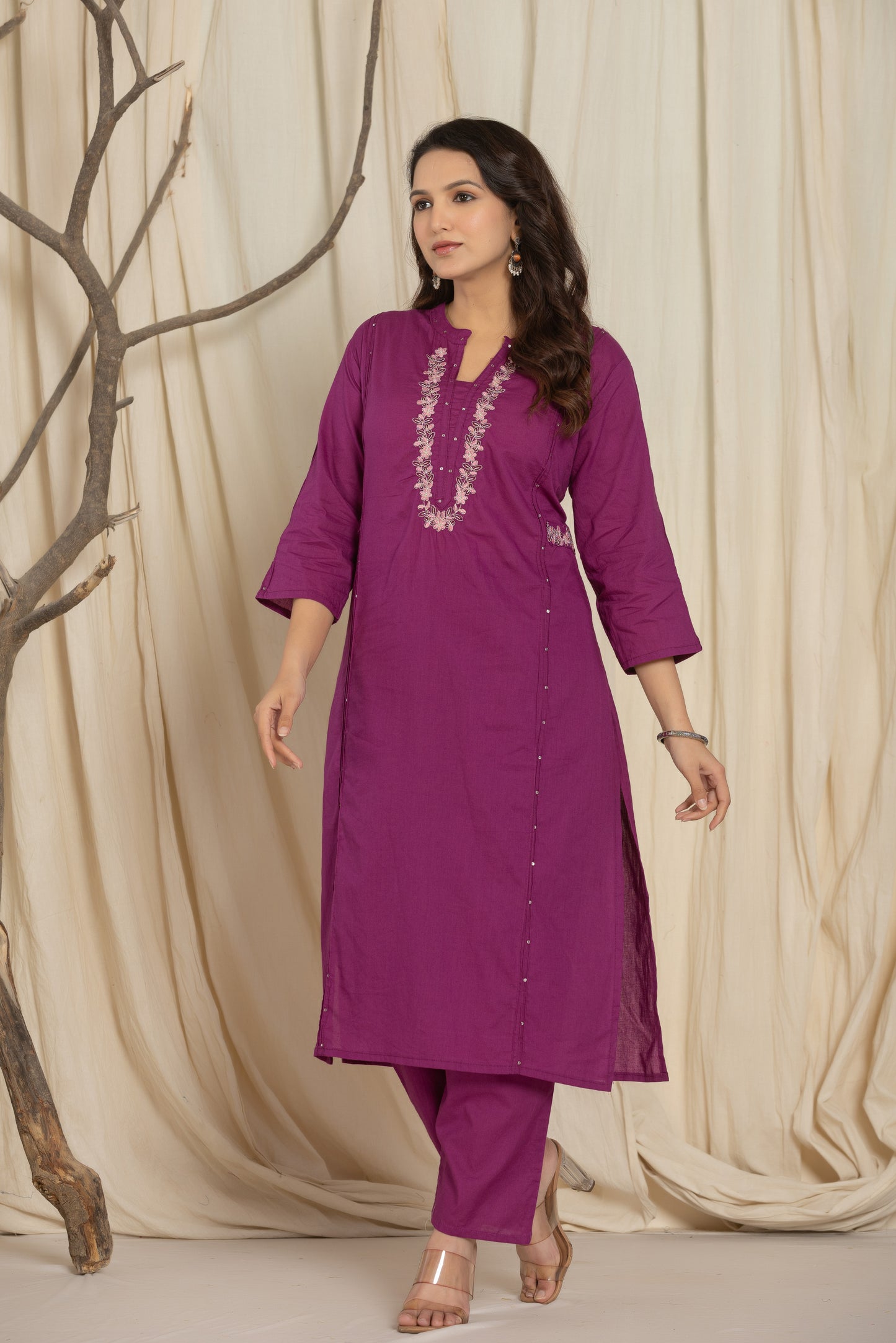 Purple Color Kurta Set With Silver And Pink Floral Embroidery At Neck Line