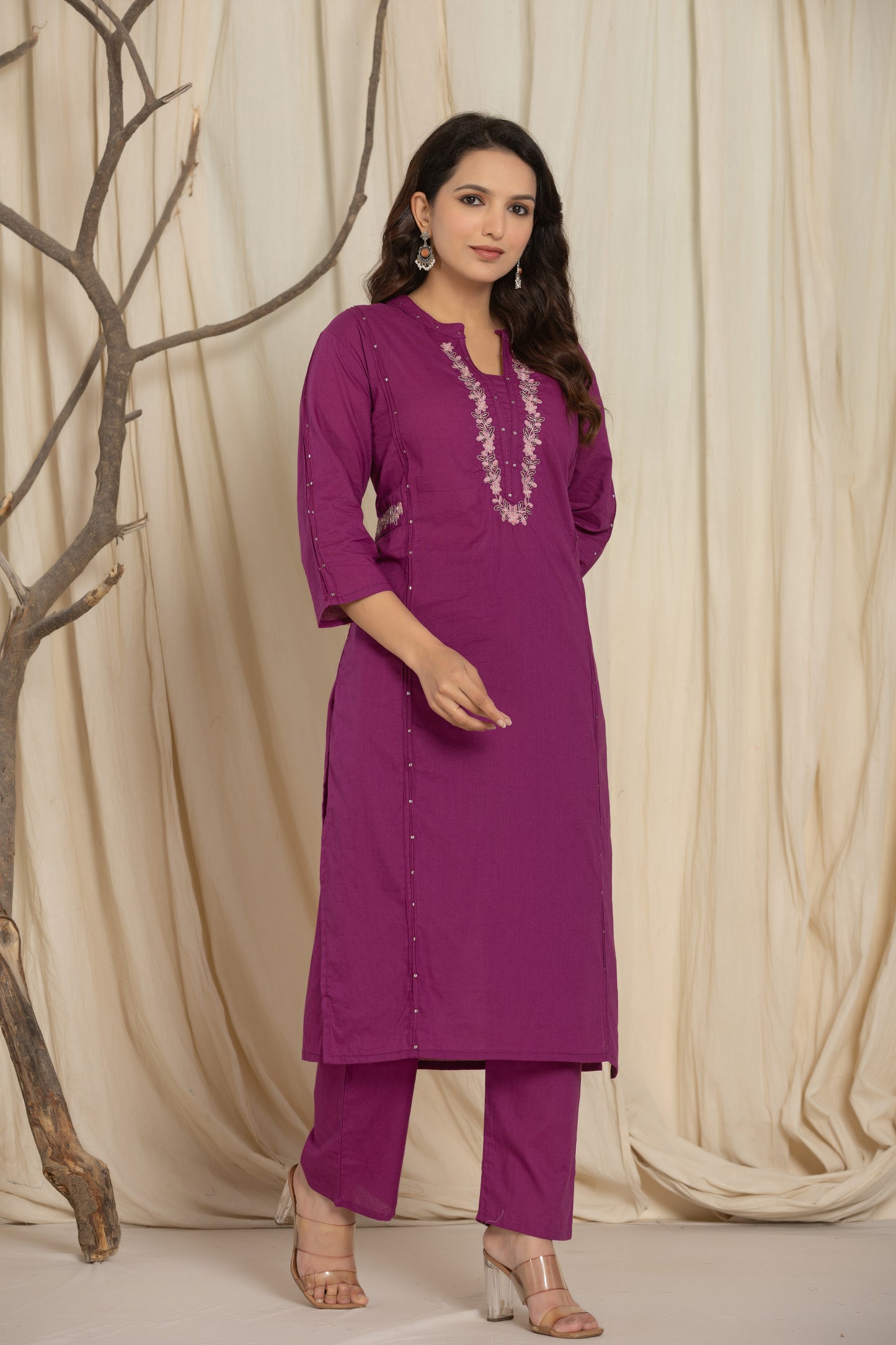 Purple Color Kurta Set With Silver And Pink Floral Embroidery At Neck Line