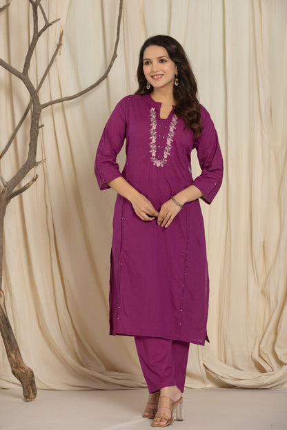 Purple Color Kurta Set With Silver And Pink Floral Embroidery At Neck Line